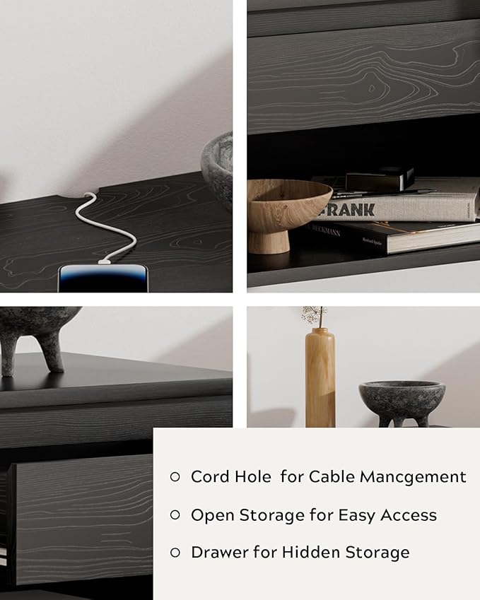 Mid Century Modern Floating Nightstand Set of 4, Wall Mounted End Table with Drawer and Open Compartment Wooden Bedside Night Stand Small Storage Cabinet for Bedroom, Black