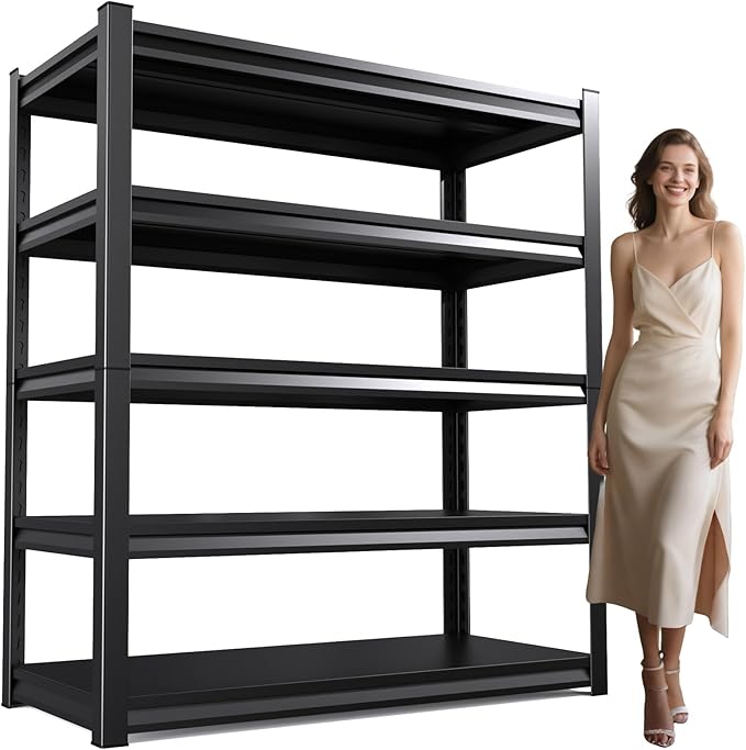 72" H/59 W Garage Shelving Heavy Duty Storage Shelves Adjustable Garage Shelves 5 Tier Metal Shelving Unit Utility Rack Shelf for Kitchen Warehouse Pantry Storage, Black, 72" H x 59" W x 20" D