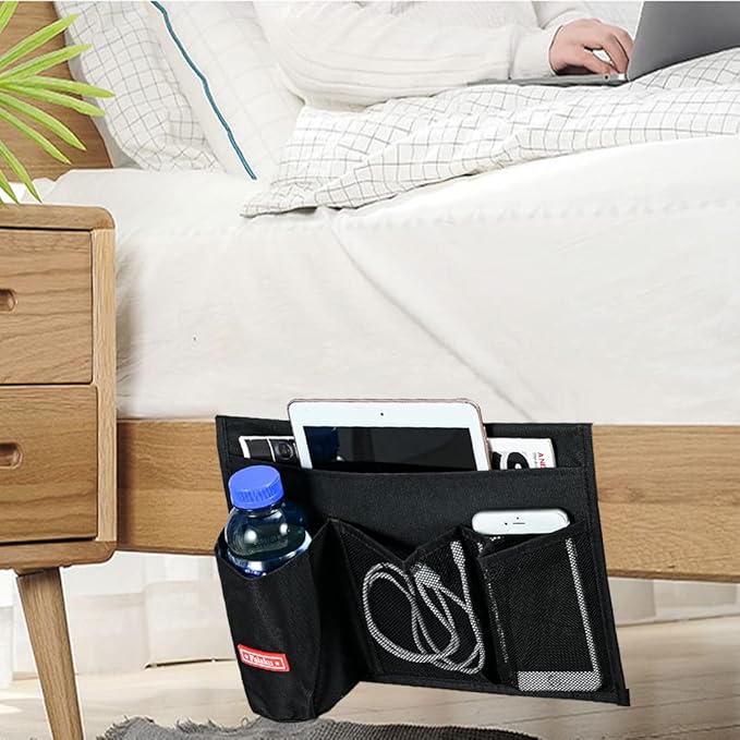 Bedside Caddy, 4 Pockets Bedside Organizer Caddy Under Mattress,Holds Water Bottles,Magazines,Books (Classic 4 Pockets-Black)