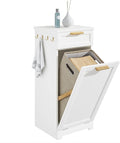 VECELO Tilt Out Laundry Hamper, 35" Bathroom Cabinet with Hidden Removable Basket, 1 Drawer and 4 Side Hooks for Storage, White