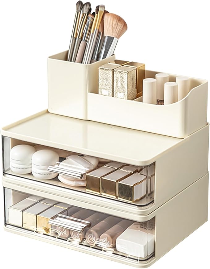 DASITON Makeup Organizer for Vanity with 2 Drawers, Stackable Cosmetic Organizer with Makeup Brush Holder, Plastic Bathroom Organizer Skincare Storage for Brushes, Eyeshadow, Lotions, Lipstick (Cream)
