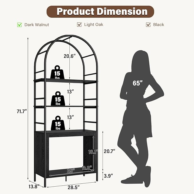 BREEZEHEAT 4-Tier Arched Bookshelf, 72" Tall Bookcase with Storage Shelves, Floor Standing Open Display Storage Shelf with Metal Frame, Large Organizer for Living Room, Home Office, Bedroom, Black