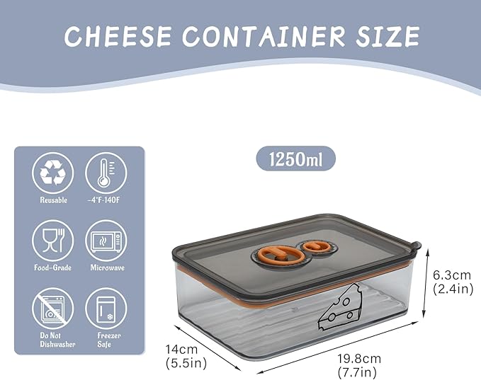 Cheese Container for Refrigerator,Cream Cheeses Storage Box,Cheese Keeper with Airtight Lid and Time Recording,BPA-Free Kitchen Storage Organizer Sliced,Grated,Cheddar Cheeses Saver,Grey