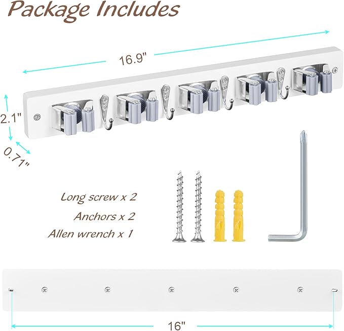 Mop and Broom Holder Wall Mount - White Broom Mop Hanger - Wall Mounted Garden Tool Rack Organizer for Closet Garage Laundry Room Kitchen Decor With 5 Slots & 4 Hooks