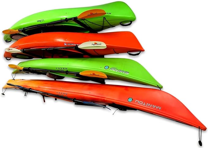 StoreYourBoard G-Kayak Wall Rack – Heavy-Duty Indoor Kayak Rack for 4 Boats, Adjustable Storage Wall Mount Hanger, Space-Saving Indoor Storage for Kayak Wall Mount - Holds 400 lbs - Silver