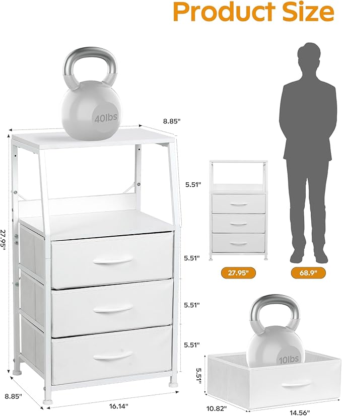 Dresser for Bedroom, Fabric Nightstand Tall Dresser & Chests of Drawers with 3 Drawers, Vertical Organizer Storage Tower Unit for Bedroom, Hallway, Entryway White