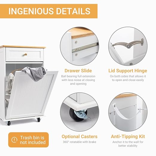 VINGLI Tilt Out Trash Cabinet, Garbage Can Cabinet with Drawer, 10 Gallon Movable/Freestanding Pet Proof Storage Organizer, Modern Trash Can Kitchen Cabinet, Living Room Storage, White