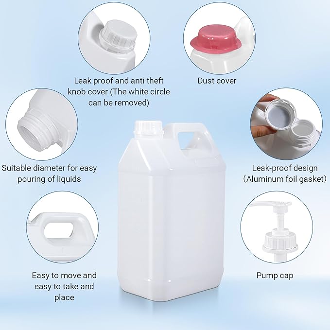 1 Gallon Plastic F-Style Jug (4-Pack) Reusable Food-Safe, Heavy-Duty HDPE Containers for Water, Sauces, Soaps, Detergents, Honey Liquids with Screw-On Cap and Pump Cap (Translucent, 1 Gallon)