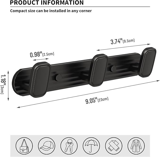 Coat Rack Wall Mount Black, 3 Hooks Rack Metal Coat Hanger Wall for Hanging Hat Purse and Robes, Towel Hook for Bathrooms and Entryway (1 Pack)