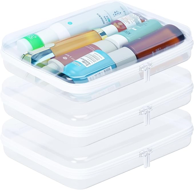 3Pcs Clear Zipper Pouches, White BIiss Plastic Bins for Organizing, Hard Clear Hard Shell Zipper Case Makeup Bag & Travel Organizer for Home Storage Cosmetics, Puzzles, 10 x 8 x 2.4 Inch