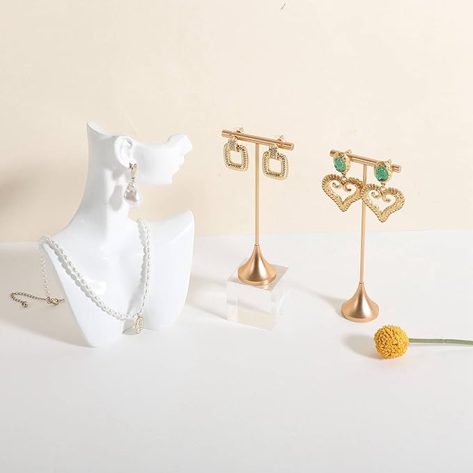 GemeShou Single Gold Earring T bar Stand, Metal earring display holder for show, Small jewelry studs hanger for Online store Photo Shoot【Gold-Cone Base Height 5"】