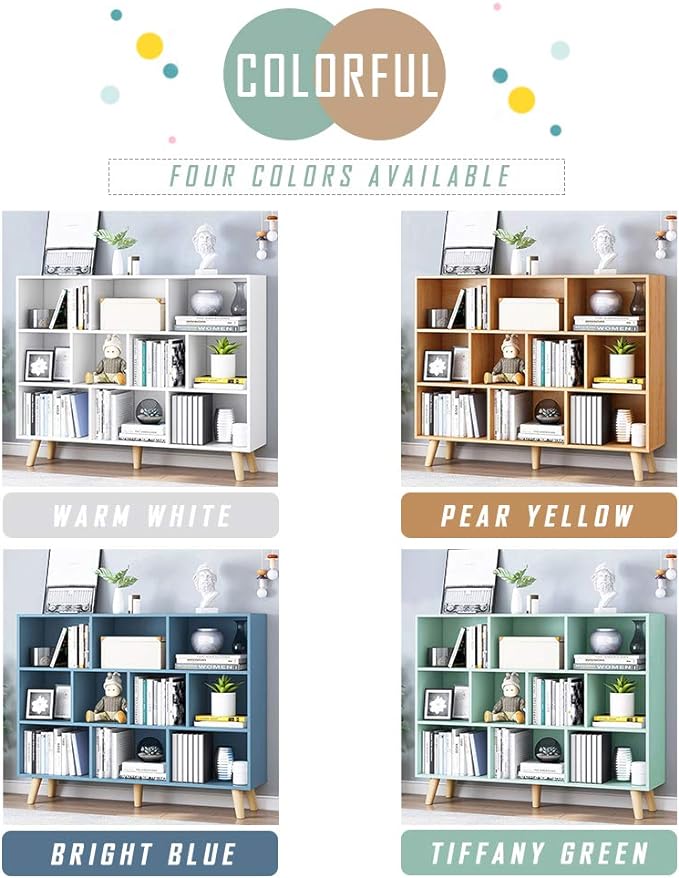 IOTXY Wooden Open Shelf Bookcase - 3-Tier Floor Standing Display Cabinet Rack with Legs, 10 Cubes Bookshelf, Tiffany-Green