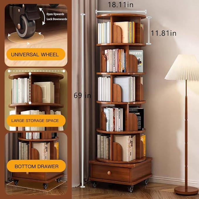 Rotating 360° Corner Bookshelf, 6-Tier Wood Bookcase with Wheels, Space-Saving Narrow Organizer for Bedroom, Living Room, and Study, Walnut Brown