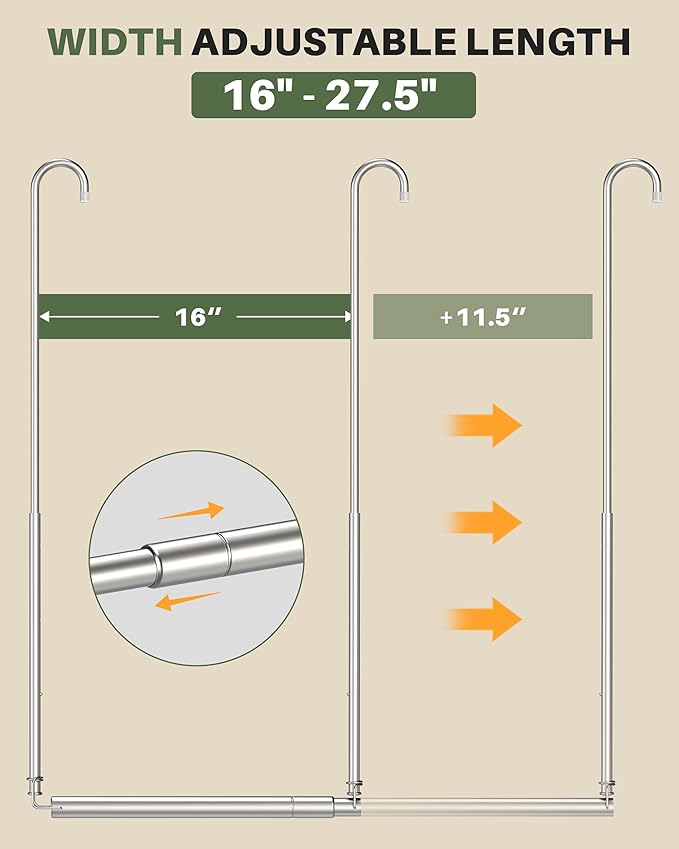 Hanging Closet Rod, 2 Pack Adjustable Height & Width Closet Rods for Hanging Clothes-Closet Extender Hanging Rod Space-Maximizing Design Suitable for Hanging and Drying Clothes, Silver
