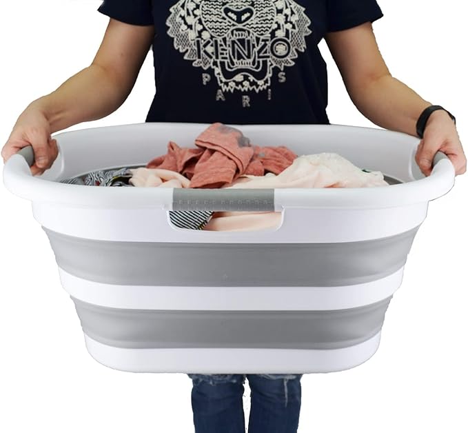 SAMMART 40L (10.5 Gallon) Collapsible Plastic Laundry Basket - Space Saving Storage Container/Organizer - Portable Washing Tub - Foldable Pop Up Hamper/Basket (2, White/Grey)
