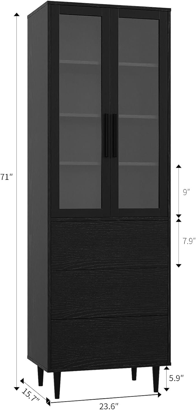 TUSY 70.9“ H Book Shelf with Drawers, 7-Tier Bookcase with Glass Doors, Display Curio Cabinet, Office Storage Cabinet, Narrow Display Bookcase for Home, Office, Clinic, Pantry (Black)