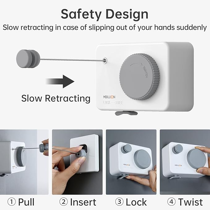 Mbillion Retractable Clothesline 13.8Ft Heavy Duty Clothes Drying Laundry Line for Indoor Outdoor Retracting Hanging Clothing Drying with Retract Rotating Knob to Prevent Sagging