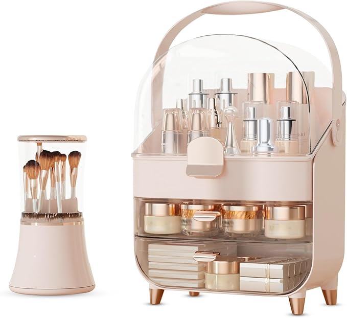 Makeup Organizer Countertop & Makeup Brush Holder with Lid 360 Rotating Clear Dustproof Skincare Holder for Vanity Bathroom Countertop, Ideal Gifts for Women, Transparent, Pink
