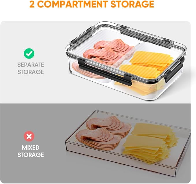Deli Meat Container for Fridge Organizers and Storage, Ham and Cheese Container for Fridge, 11 Inches Long Lunch Meat Containers for Refrigerator, 2 Compartment Snack Containers with Clear Lid