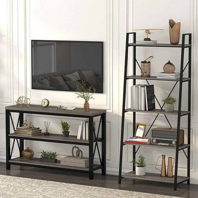 BON AUGURE 5-Tier Ladder Shelf, Industrial Leaning Bookcase, Wood and Metal Ladder Bookshelf for Living Room, Bedroom, Kitchen, Home Office (Grey Oak)