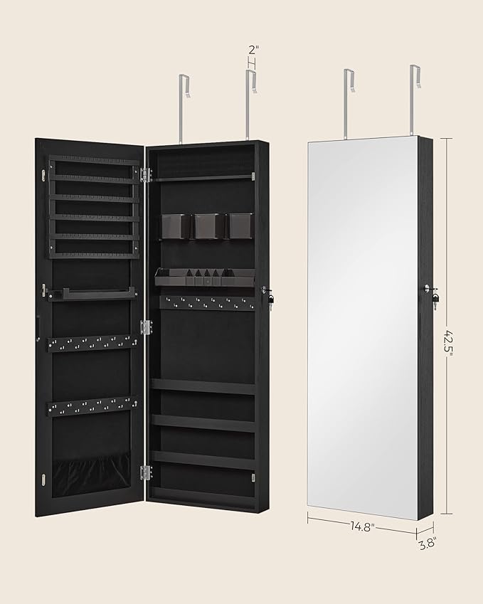 SONGMICS Mirror Jewelry Cabinet Armoire, Wall or Door Mounted Jewelry Storage, Hanging Lockable Frameless with 2 Plastic Cosmetic Organizers, Christmas Gift Idea, Black UJJC001B01