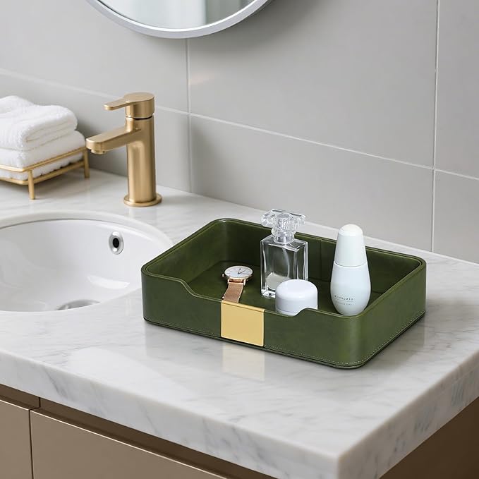 PU Leather Valet Tray with Gold Accent, Decorative Nightstand Organizer Desk Trays Cologne Organizer for Men - Key Bowl Vanity Trinket Tray for Dresser Bedside Entryway Table (Dark Green)