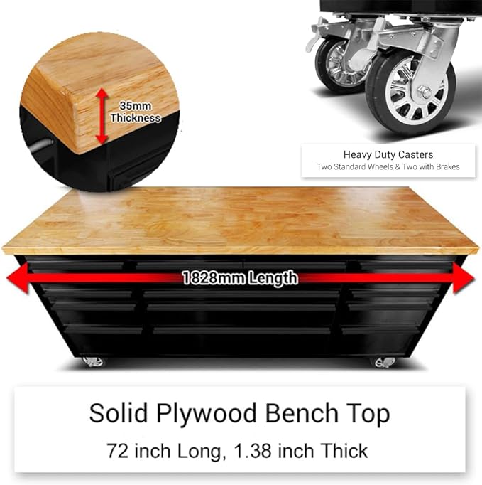 72 inch Tool Chest with 15 Drawers for Garage, Workbench and Repair Store, Tool Cabinet -Black (72 inch Tool Chest- Black)