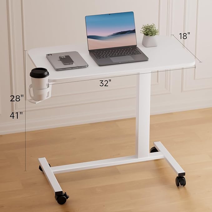 COMHOMA Adjustable Overbed Bedside Table with Lockable Wheels, Pneumatic Mobile Standing Laptop Desk, Small Standing Desk Portable Rolling Overbed Table Hospital Home Use(32" W x 18" D, White)