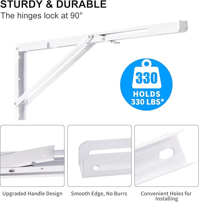 YUMORE 24 Inch Folding Shelf Brackets, Heavy Duty L Bracket, White DIY Collapsible Shelf Bracket for Workbench Folding Table Hinge, Max Load: 330lb, 2 Pack