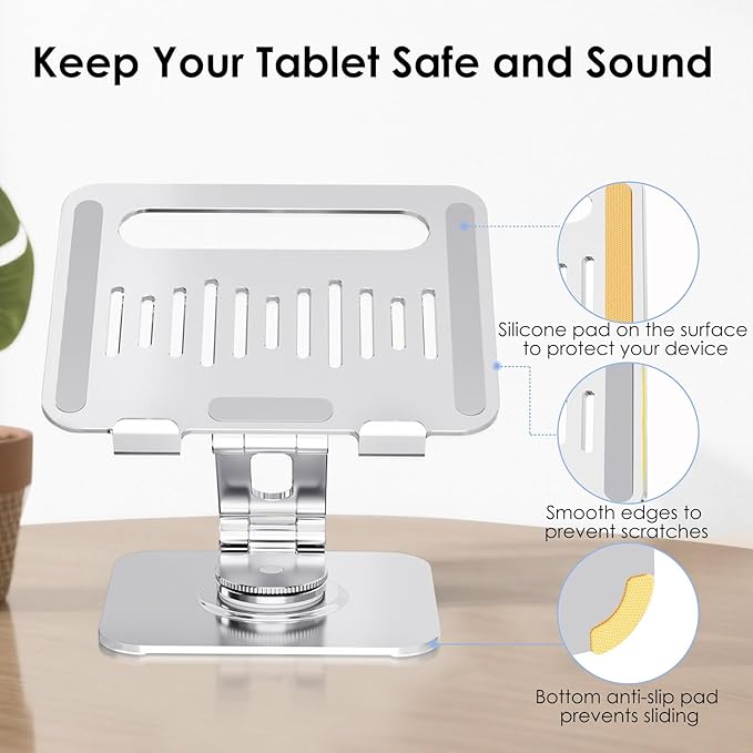 Tablet Stand for Desk, 360° Swivel for iPad Holder, Aluminum Adjustable Tablet Holder, Compatible for iPad Pro Air Mini Surface Pro Samsung Galaxy Tabs Kindle, 4-12.9 inch, Silver