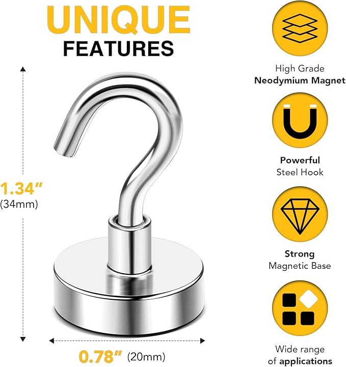 DIYMAG Magnetic Hooks, 50 LB Heavy Duty Magnets, 6 Packs Strong Rare Earth Neodymium Magnet Hook for Hanging, Magnetism Hanger for Curtain, Home, Kitchen, Workplace
