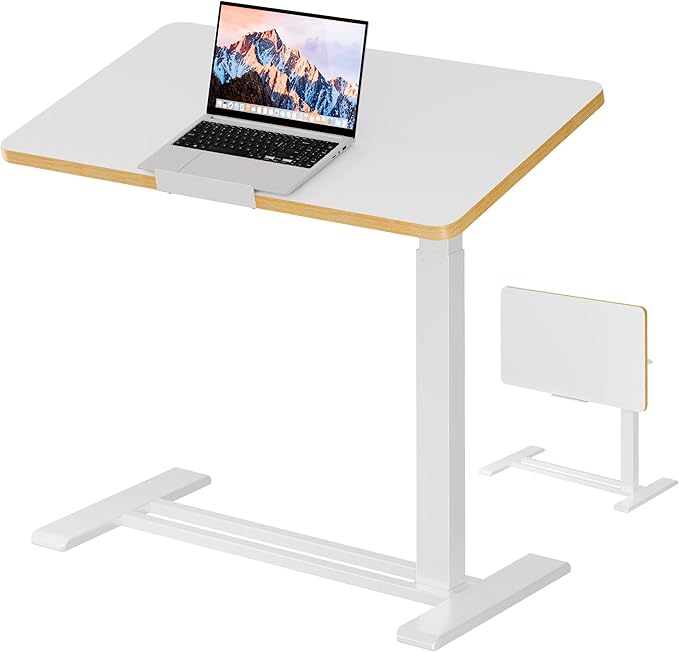 SANODESK Medical Adjustable Overbed Bedside Table with Casters 90° Tilt Top Pneumatic Mobile Rolling Laptop Computer Standing Desk Cart with Tray, Hospital and Home Use(27.6" W x 15.7" D, White)