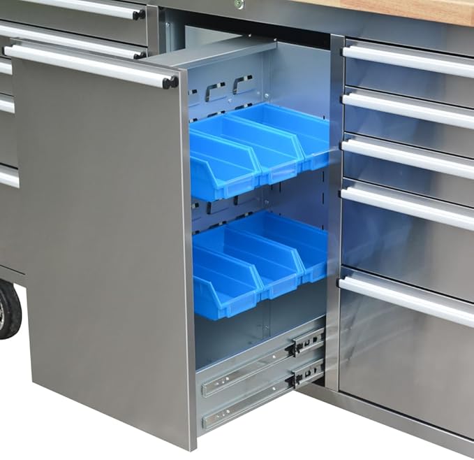 72" Stainless Steel Rolling Tool Chest with 11 Drawers + 3 Upper Cabinets, Large Lockable Storage Cabinet, Mobile Workbench with Wheels for Garage Workshop (1 × HTC7214W1)