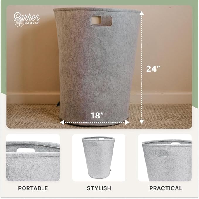 Parker Baby Nursery Laundry Hamper - Large Felt Storage Basket and Baby Hamper for Nursery (Gray)