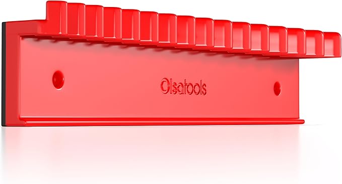 Olsa Tools Magnetic Wrench Organizer, Red - 15 Slot Wrench Holder - SAE and Metric Magnetic Wrench Rack - Rubberized Scratch Free Base - Wall or Toolbox Mountable Wrench Storage - Part: 1877