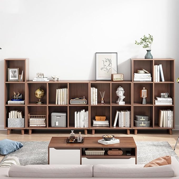 IOTXY Open Cube Low Bookcase - 3-Tier Freestanding Storage Display Cabinet Organizer with Legs for Home Office, 7-Cubes Open Shelf Short Bookshelf, Walnut