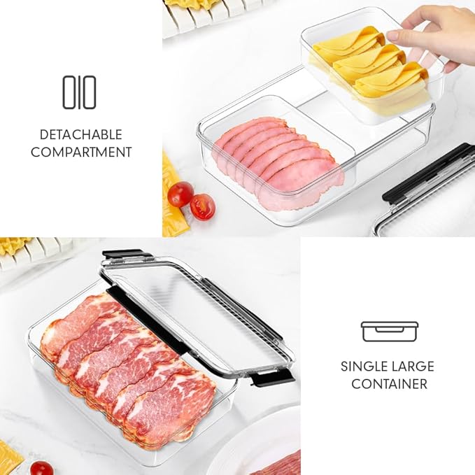 Deli Meat Container for Fridge Organizers and Storage, Ham and Cheese Container for Fridge, 11 Inches Long Lunch Meat Containers for Refrigerator, 2 Compartment Snack Containers with Clear Lid
