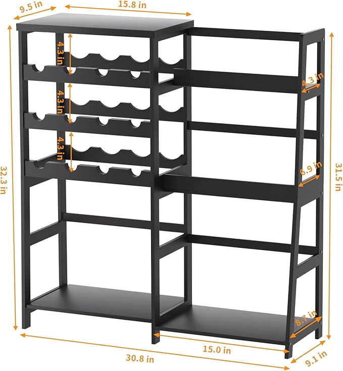 VASMIA Versatile Liquor Stand for Home Bar, Wine Rack Freestanding Floor, Mini Bar Table with Bamboo Trapezoidal Liquor Bottle Display Shelf Cabinet for Living Room, Black