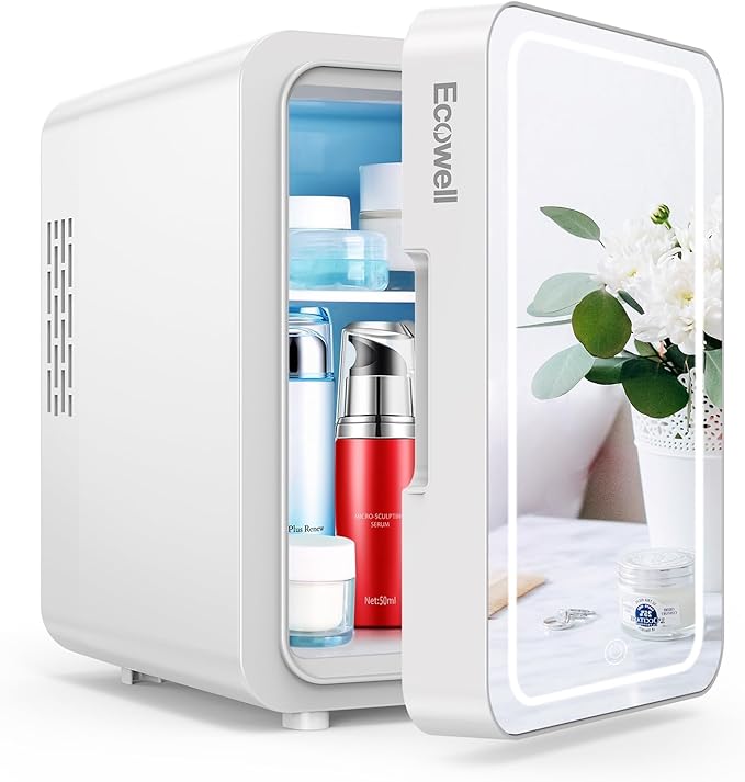 ECOWELL Mini Skincare Fridge with LED Mirror, 4L/6Can Skin Care Fridge for Makeup Cosmetic Beauty, Small Refrigerator for Bedroom Office Dorm Car, Cooler & Warmer, White