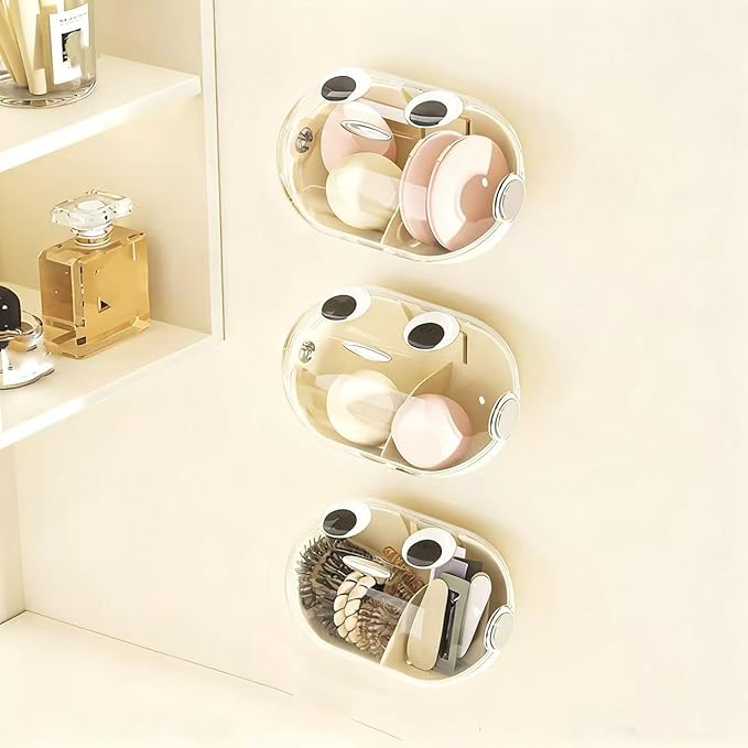 Makeup Sponge Storage Case Wall-Mounted No-Drill Makeup Sponge Holder 2-Tier With Cute Big-Eye Stickers (Cream White,1-Piece Set)