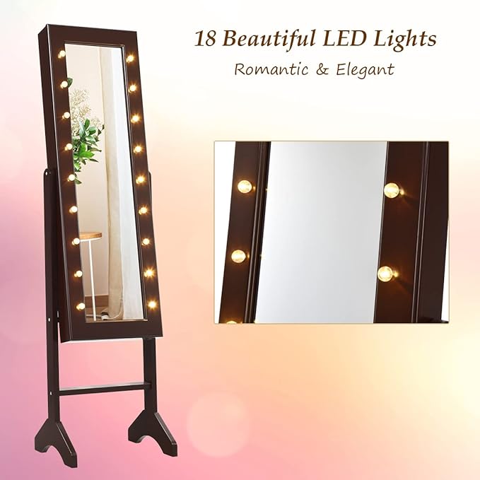 Giantex Standing Jewelry Armoire with 18 LED Lights Around the Door, Large Storage Mirrored Jewelry Cabinet with Full Length Mirror, 16 Lipstick Holders, 1 Inside Makeup Mirror (Brown)