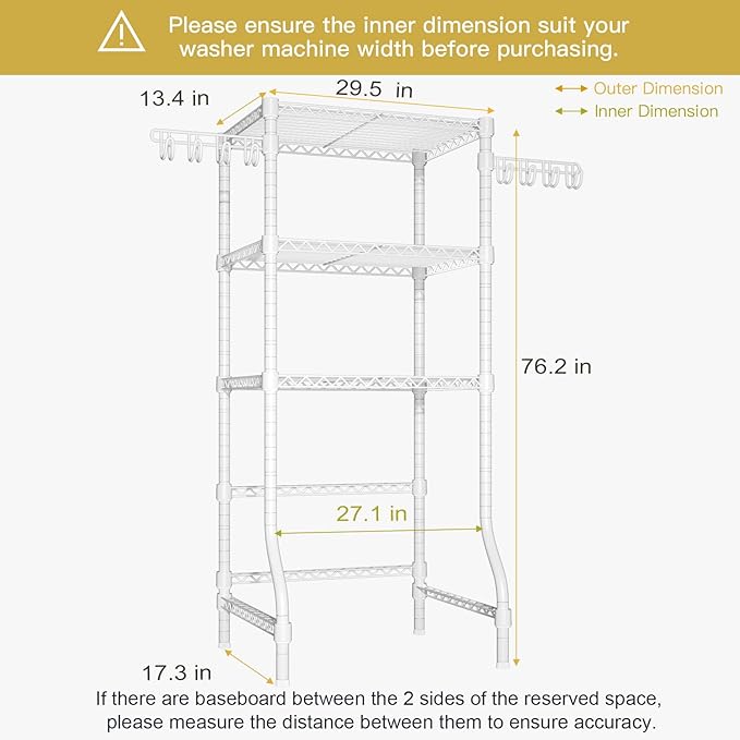 Ulif U8 Mini Laundry Room Storage Organizer, Over The Washer and Dryer Storage Shelves for Laundry Organization, 29.5”W x 17.3”D x 76.2”H, Suit Washing Machine Width Within 27.1”, Hold 304 lb, White