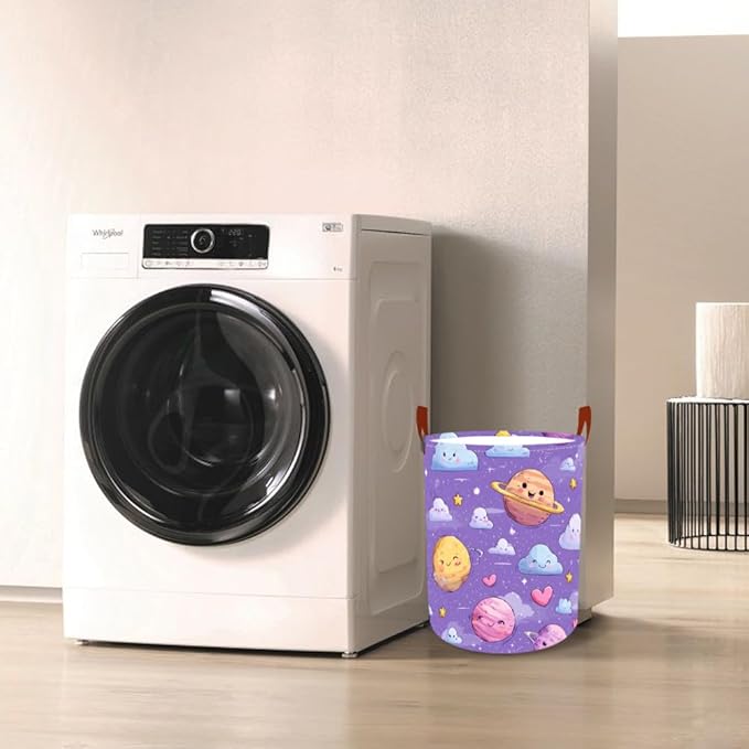 Laundry Baskets 15.7x19.7 Inch Large Cartoon Planets Clouds Design Collapsible Laundry Hamper with Handles Oxford Fabric Clothes Storage Bin Foldable Dirty Clothes Organizer for Bedroom Bathroom Dorm