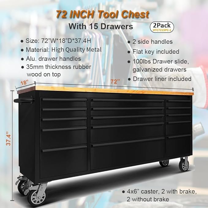 72 inch Tool Chest with 15 Drawers for Garage, Workbench and Repair Store, Tool Cabinet -Black (72 inch Tool Chest- Black)