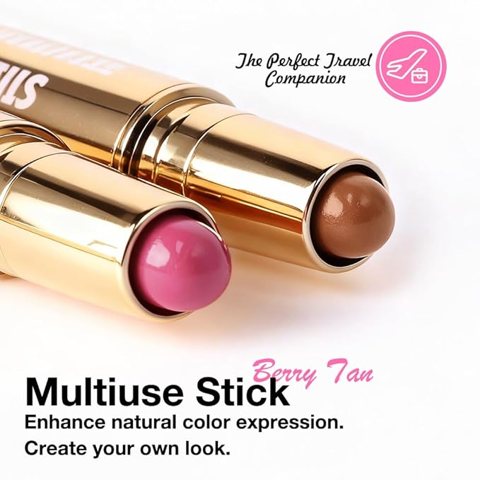 evpct 2In1 Blush Contour Multiuse Makeup Stick, Berry Tan & Brown Creamy Butter Blush Bronzer Contour Multiuse Stick for Cheeks Lips Eyes Faces, Ultra-Creamy Radiant Finish, Vegan & Cruelty-Free