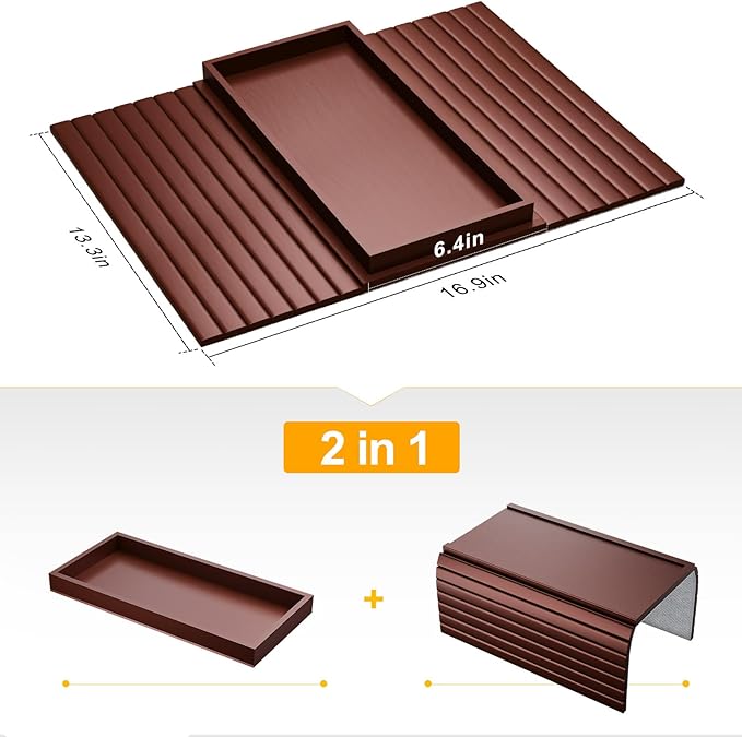 Sofa Armrest Tray Table for Couch - 2-in-1 Foldable Couch Arm Table with Be Slide Detachable Tray - Anti-Slip Sofa Armchair Caddy for Drinks Cup Cellphone TV Remote Snacks (Walnut)