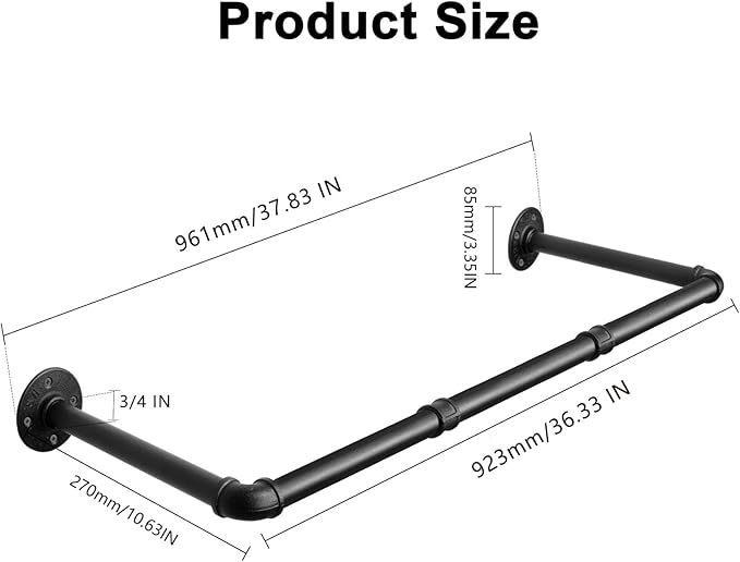 Industrial Iron Pipe Clothes Hanging Bar DIY Wall-Mounted Garment Rack Heavy Duty Clothing Rack for Bedroom, Laundry Room, Closet Storage (Black 36 inch)