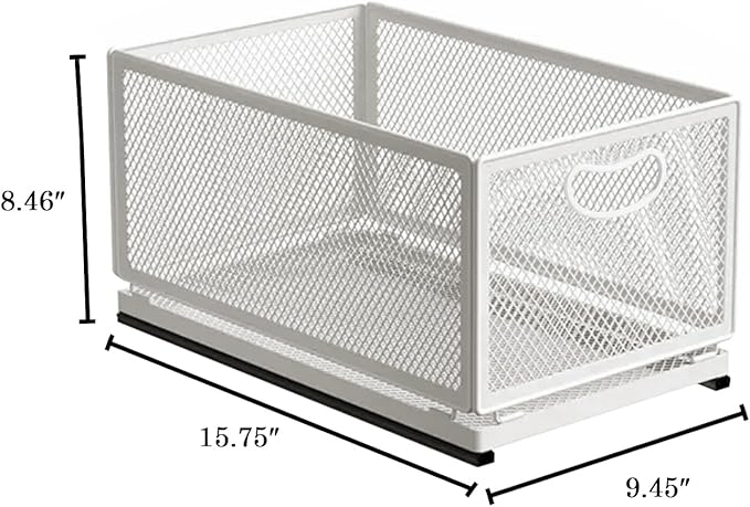 Sliding Cabinet Basket Organizer Drawer Self Adhesive Slide out Pantry Shelves Heavy Duty Carbon Steel Slide Cabinet Storage Basket with Handle for Bathroom Kitchen Home