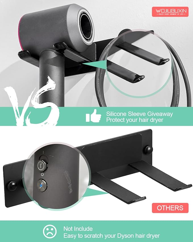 Hair Dryer Holder Wall Mount Matte Black Hair Dryer Holder for Bathroom Cabinet SUS 304 Stainless Steel Blow Dryer Holder Compatible with Dyson Hair Dryers