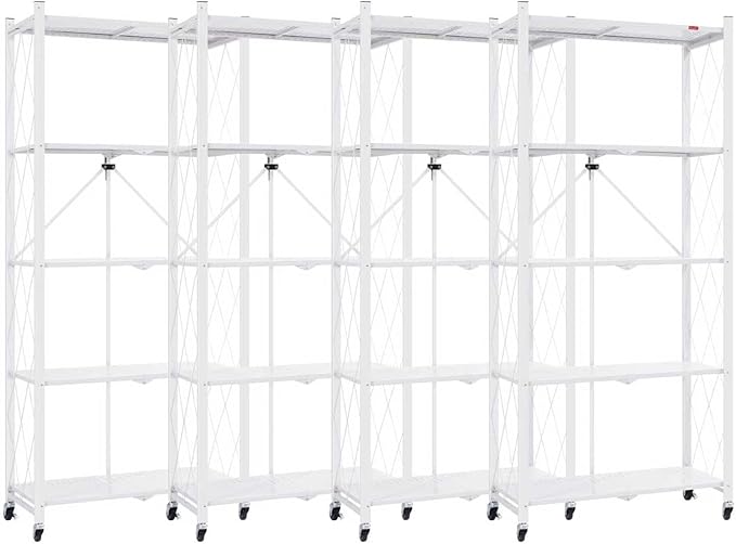 DEANIC 5 Tier Foldable Storage Shelves with Wheels, Large Capacity Shelving Unit, Freestanding Metal Wire Shelf Rack, No Assembly Organizer Rack for Garage Kitchen, Basement, Pantry(White Pack of 4)